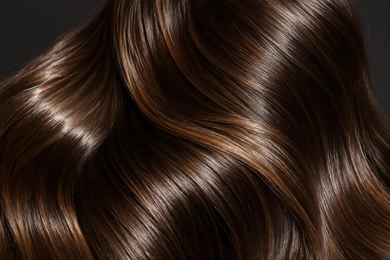 Close-up of glossy, mirror-shiny brunette hair with light reflecting off each strand, a shine treatment result at Infinite Hair Studio in Baton Rouge