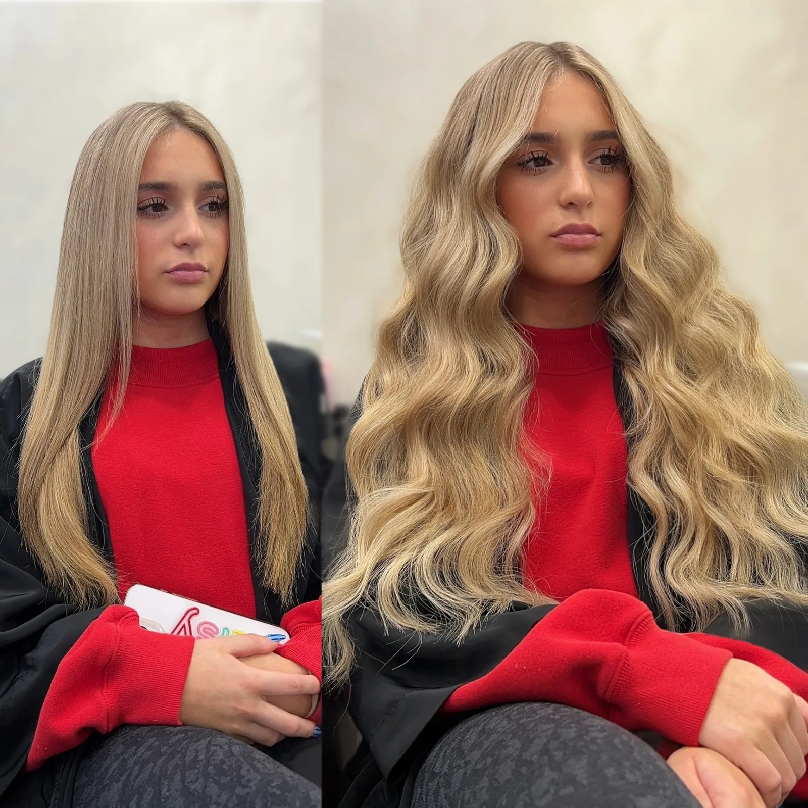Before and after hand-tied weft extensions on blonde hair, finished with beachy waves — Infinite Hair Studio, Baton Rouge LA