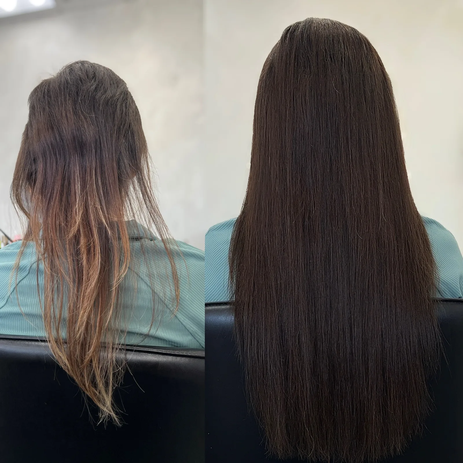 Before and after brunette hair extensions adding length and volume with soft bouncy blowout — Infinite Hair Studio, Baton Rouge LA