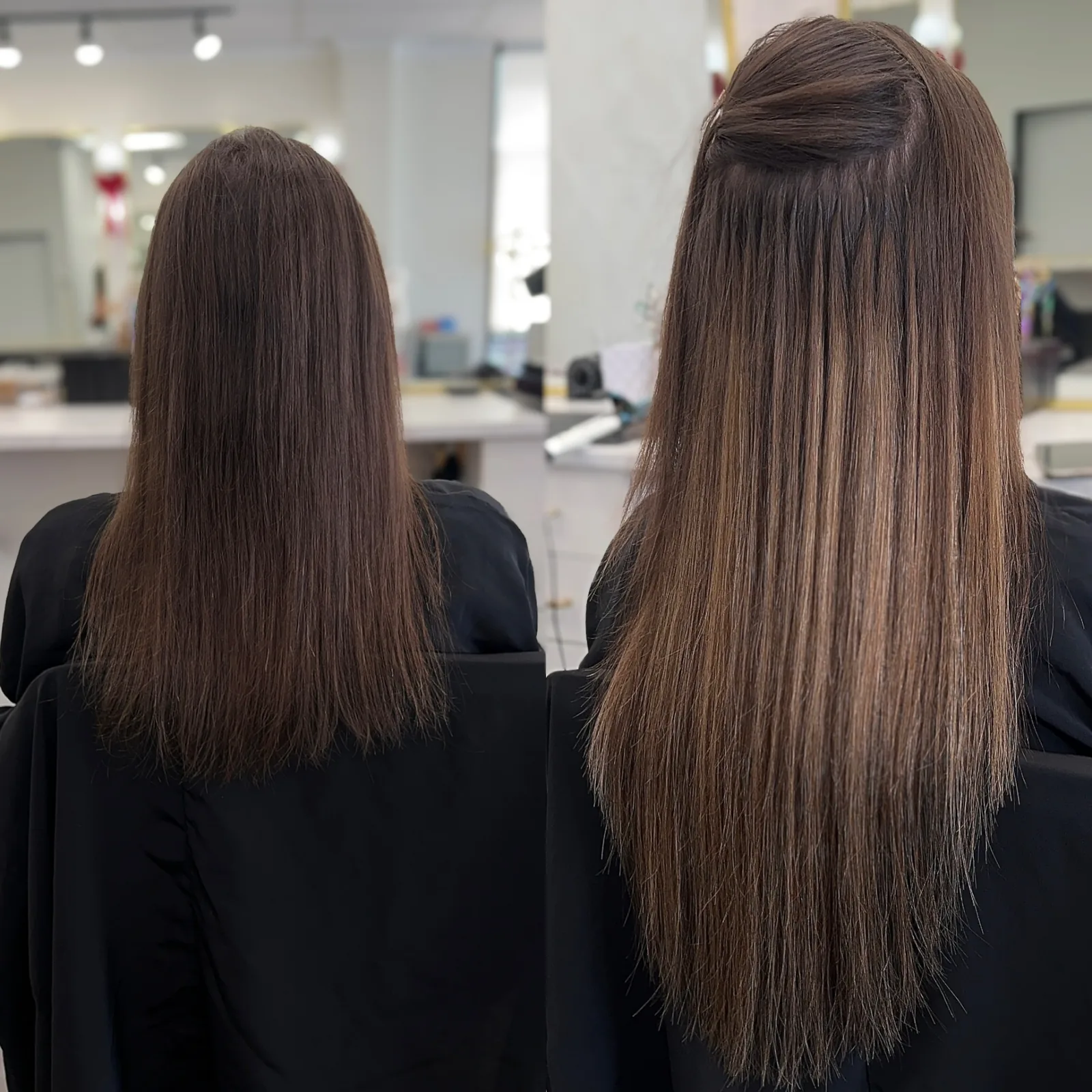 Before and after brunette hand-tied wefts adding length styled in a half-up look — Infinite Hair Studio, Baton Rouge LA