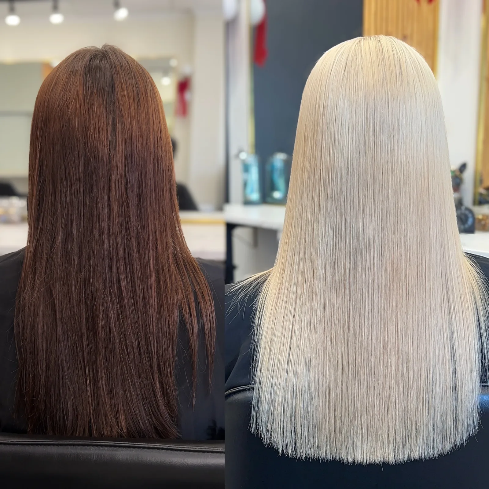 Dramatic brunette to platinum blonde color correction transformation — hair color by Infinite Hair Studio, Baton Rouge LA