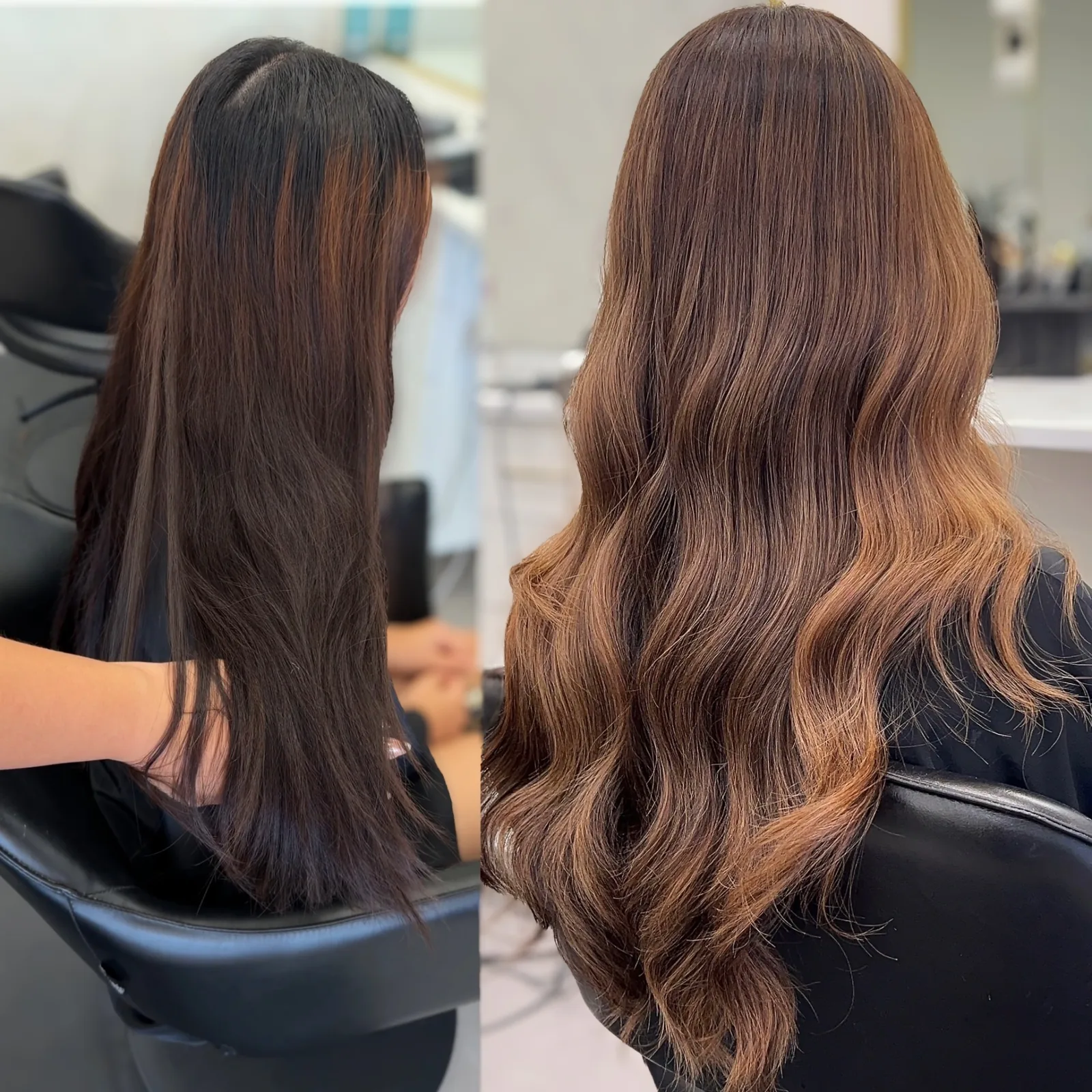 Warm dimensional brunette color with caramel balayage styled in soft glossy waves — hair color by Infinite Hair Studio, Baton Rouge LA