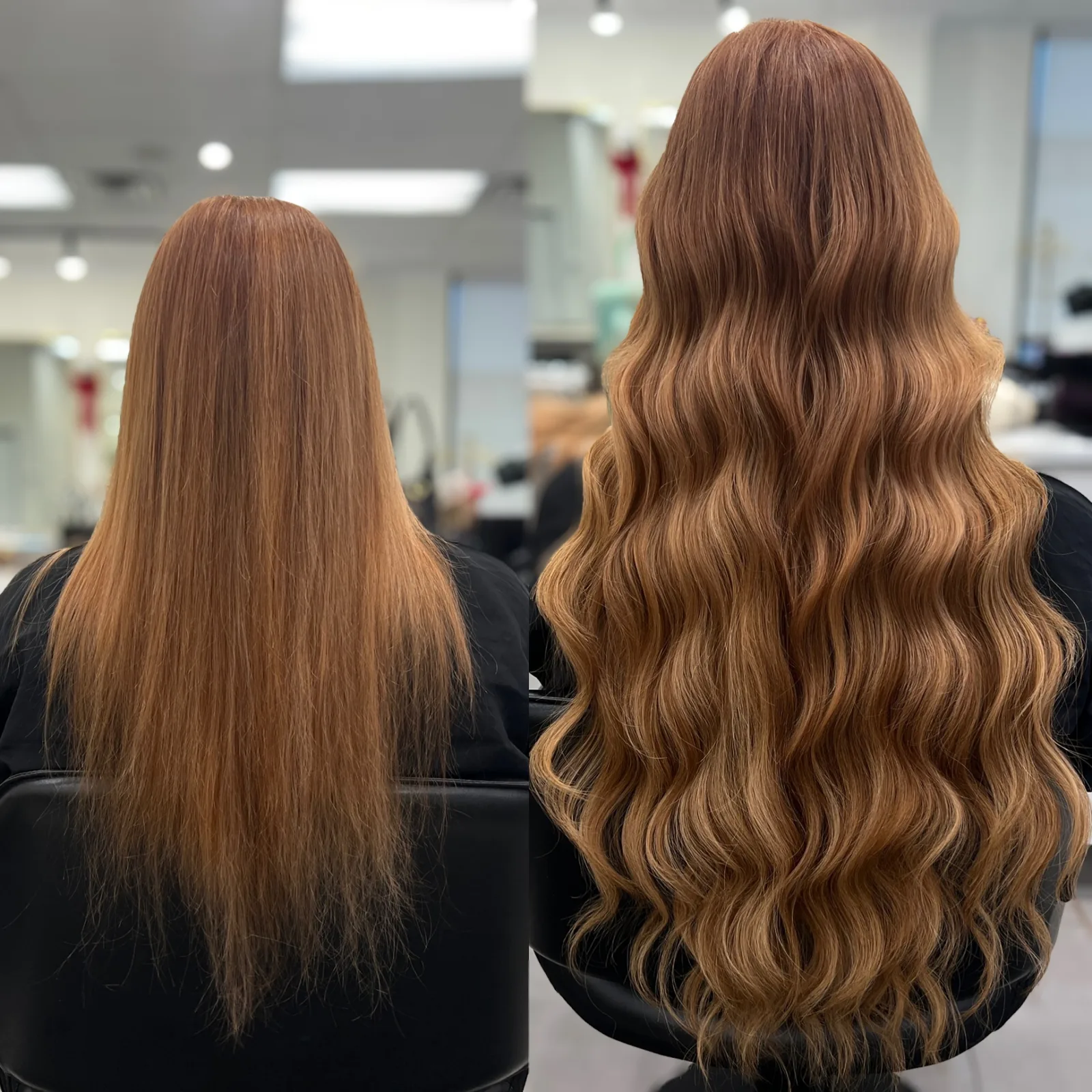 Before and after copper strawberry blonde extensions adding fullness with Hollywood waves — Infinite Hair Studio, Baton Rouge LA