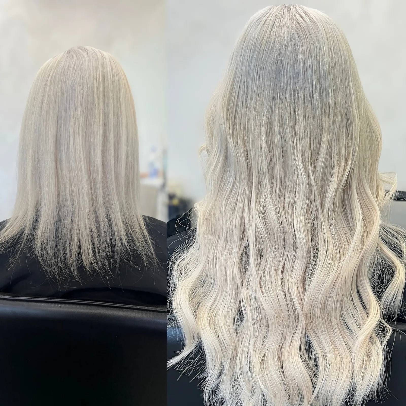 Before and after icy platinum blonde hand-tied weft extensions adding length and beach waves — Infinite Hair Studio, Baton Rouge LA