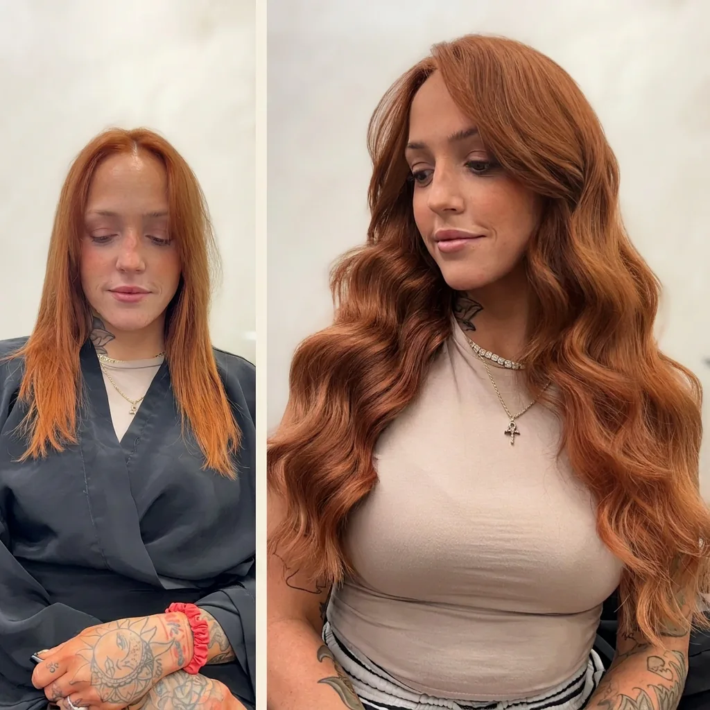 Copper red hand-tied weft extension transformation — Baton Rouge extension specialists