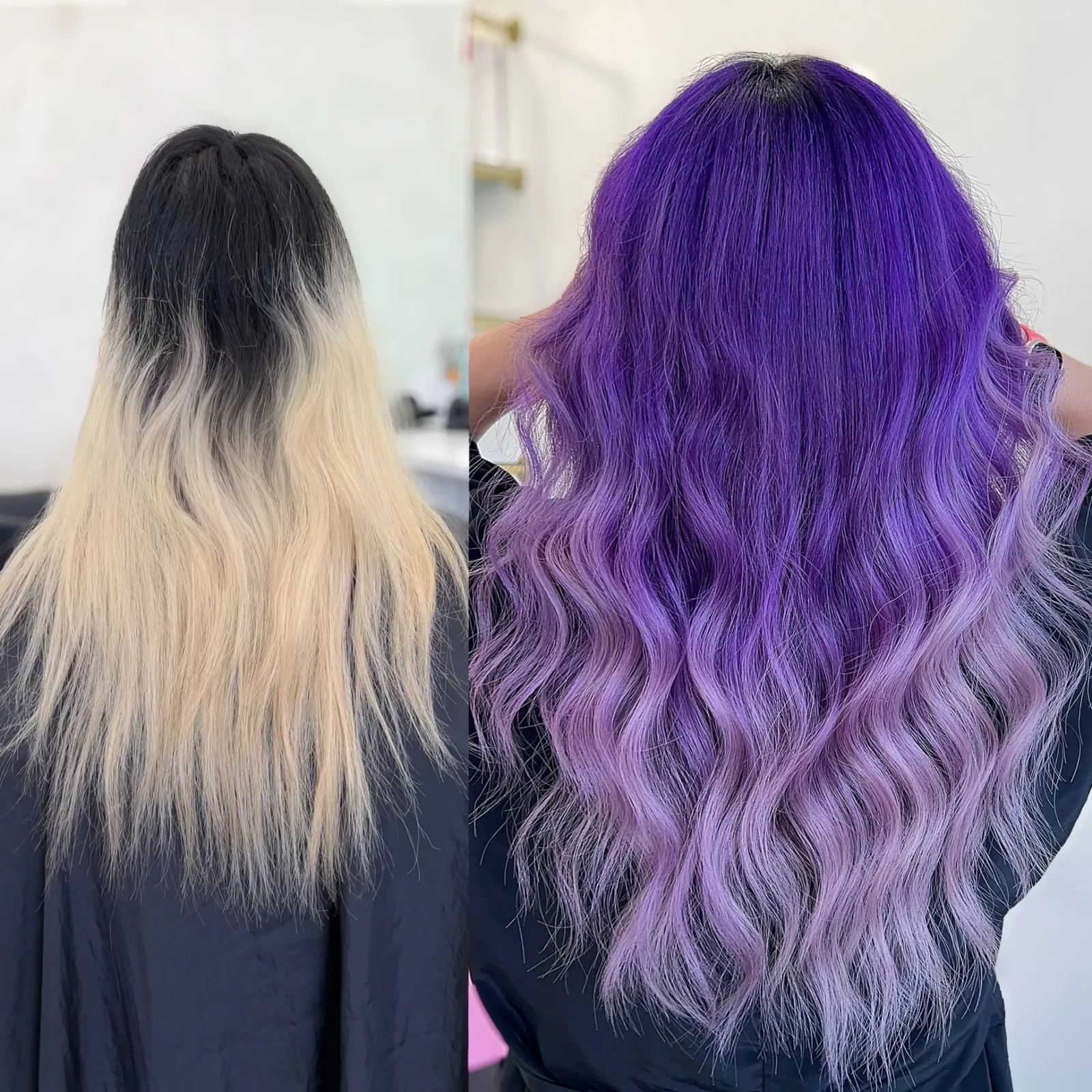 Before and after vivid violet purple ombré color transformation on long waves — vivid color specialist at Infinite Hair Studio, Baton Rouge LA